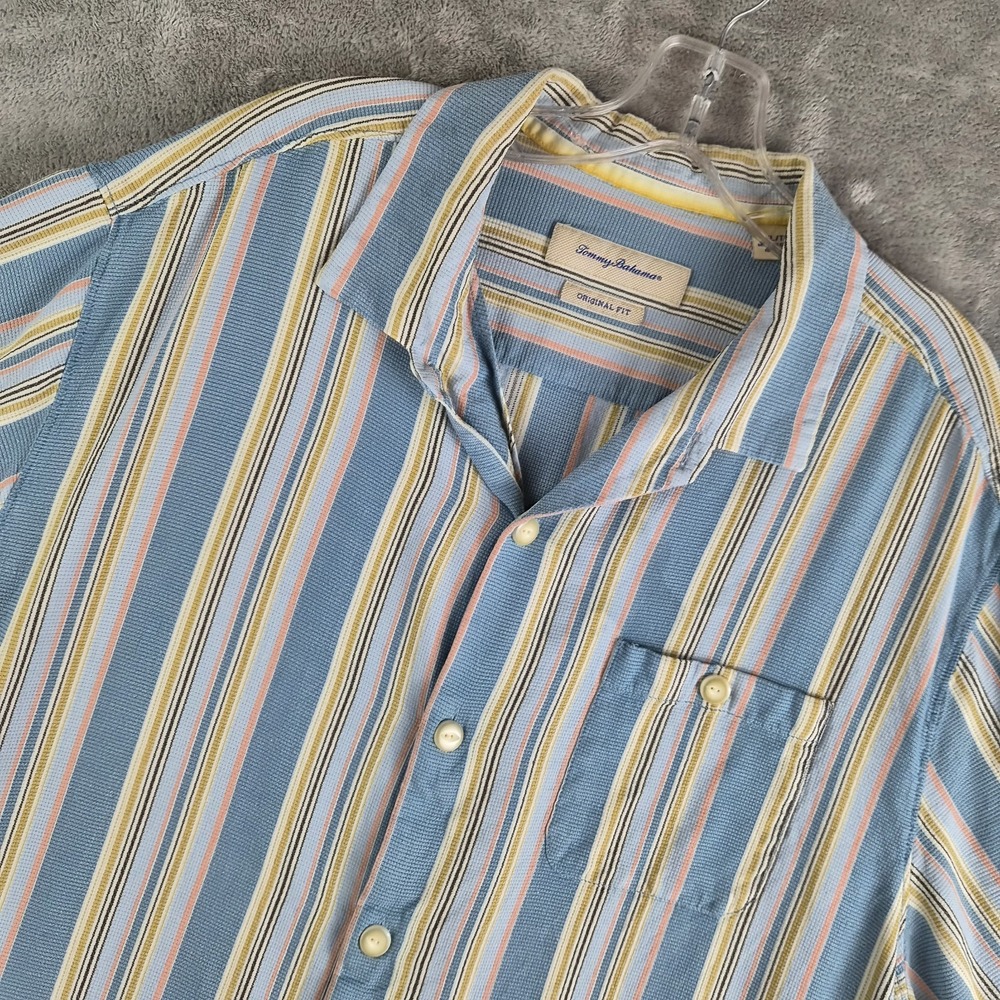 Tommy Bahama Shirt Mens XL Blue Yellow Tan Vertical 100% Silk Hawaiian Aloha